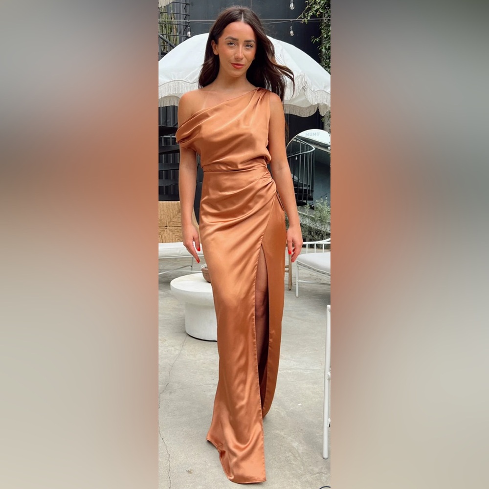 Show Me Your MuMu Jodie Off-The-Shoulder Maxi Dress in Copper Luxe Satin